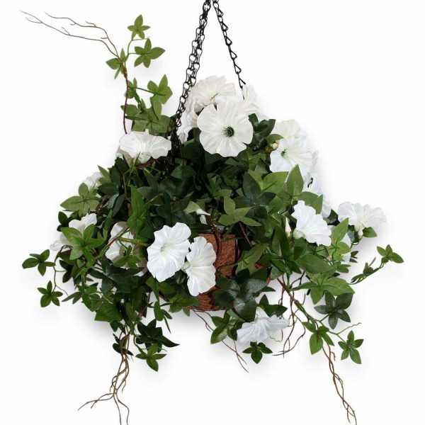Charming blue and white artificial pansy hanging basket The