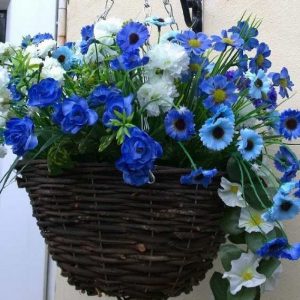 Blue and white artificial hanging basket