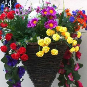 Cone artificial hanging basket with colourful flowers