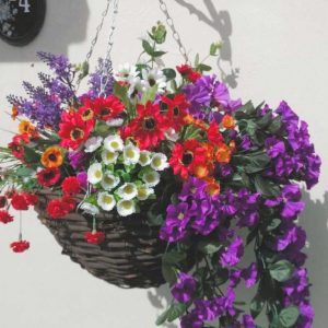 Purple white and red artificial hanging basket