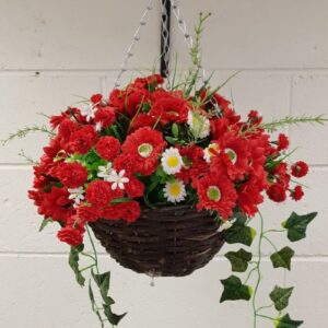 Red artificial hanging basket