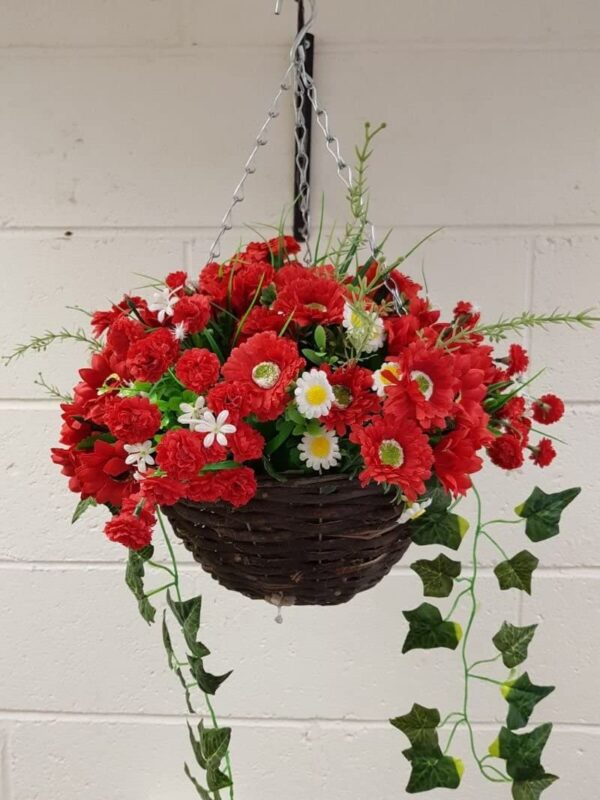Red artificial hanging basket