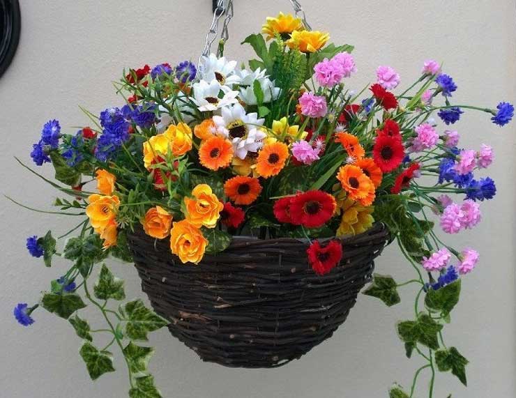 Artificial hanging basket with wild flowers