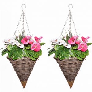 Pink and white cone shaped hanging baskets