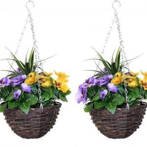 Pair of artificial hanging baskets with yellow and purple flowers