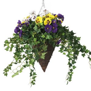 Purple and yellow floral hanging basket