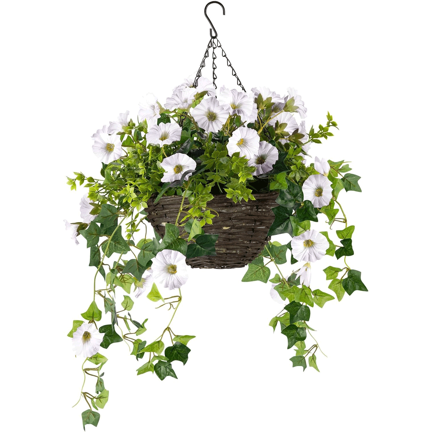 Artificial hanging basket with realistic greenery and white pertunias