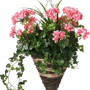 Artificial hanging basket cone with Geranium flowers