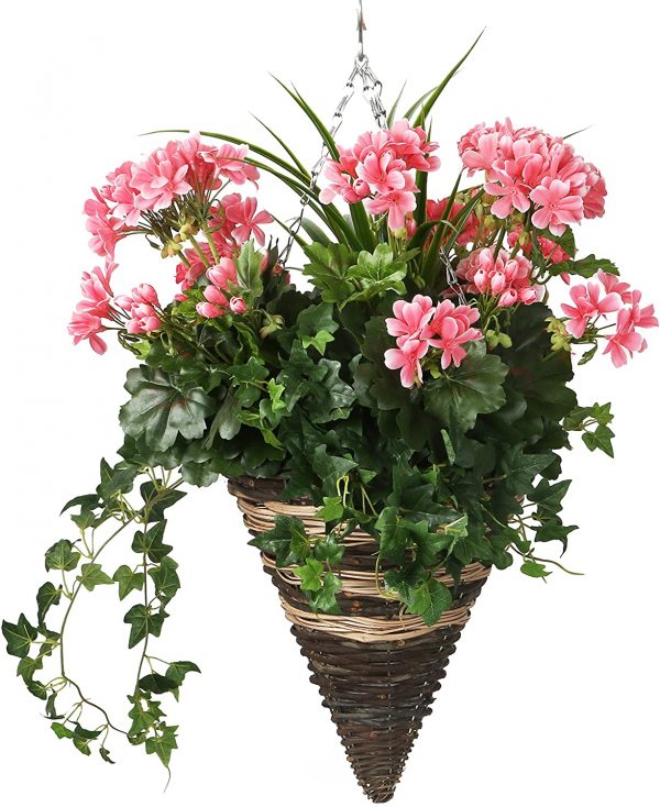 Artificial hanging basket cone with Geranium flowers