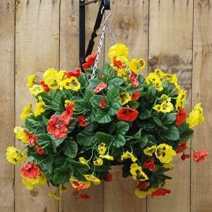 Red and yellow pansy artificial hanging basket