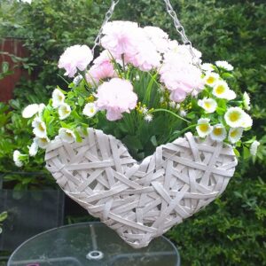 Artificial hanging basket with white wicker heart and pink and white flowers