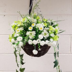 White artificial flowers hanging basket
