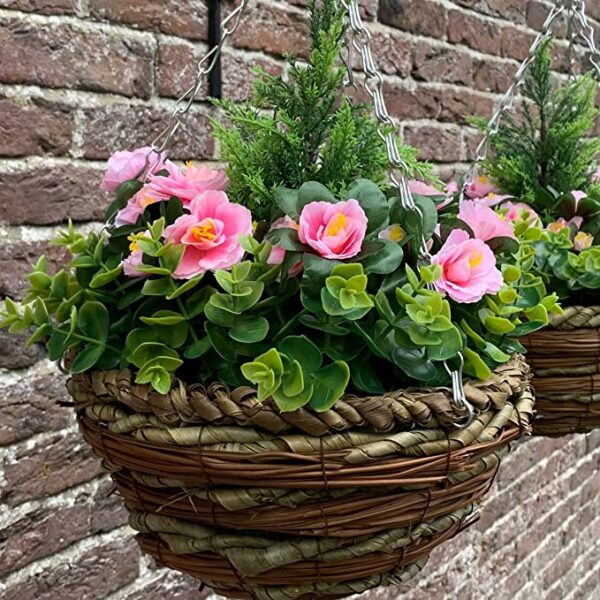 Pink azalea artificial hanging baskets - close up