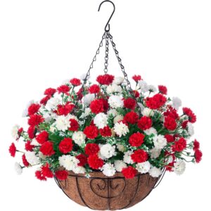 Ammyoo red and white artificial chrysanthemum hanging basket with decorative black frame