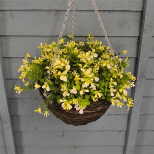 Soft yellow and white artificial lobelia in a 25cm dark brown hanging basket