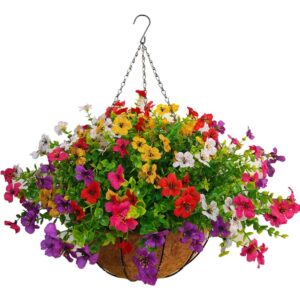 Single 30cm Bo Wawa artificial violet basket with purple, yellow, red, pink and white flowers