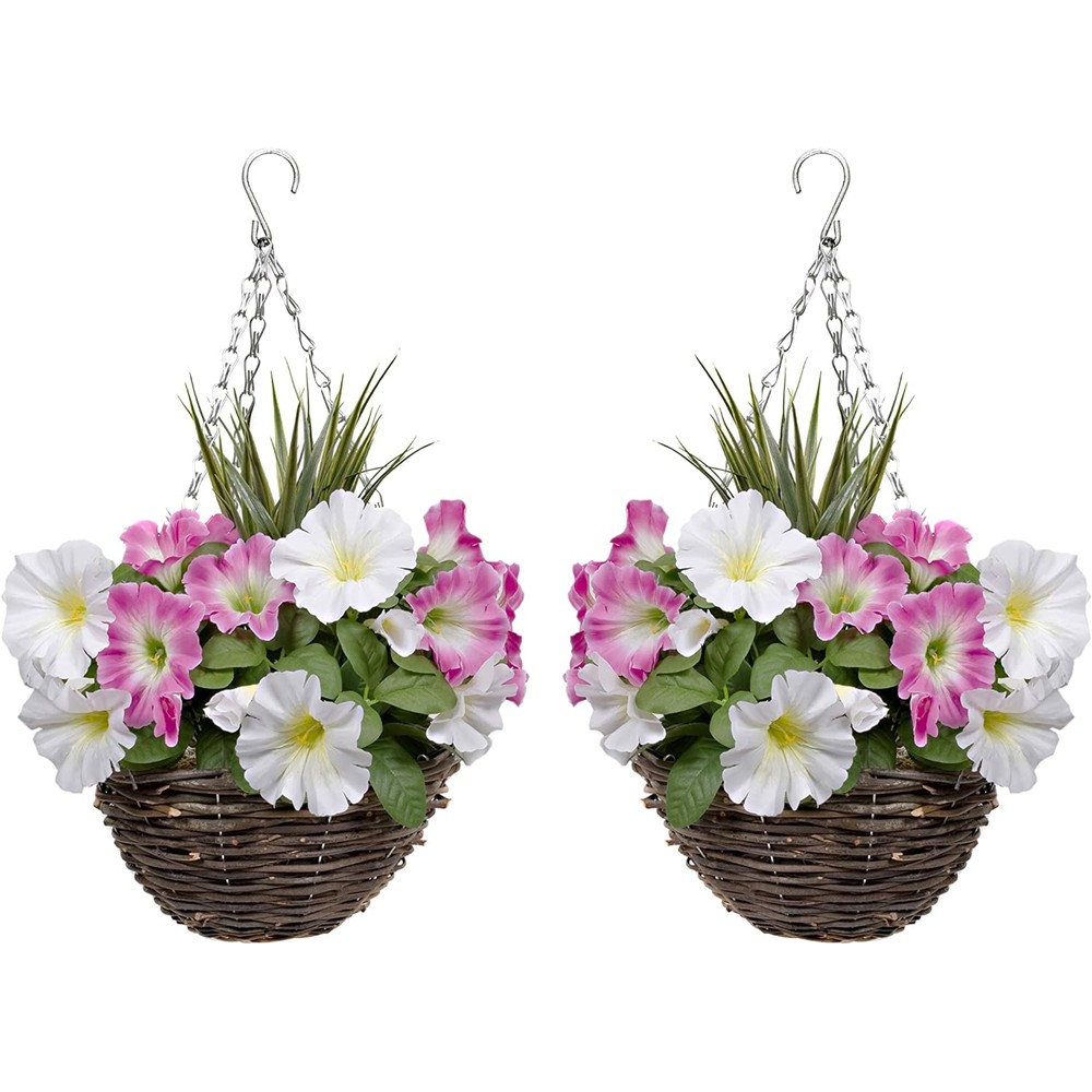 Pair of GreenBrokers pink and white petunia hanging baskets with decorative grasses