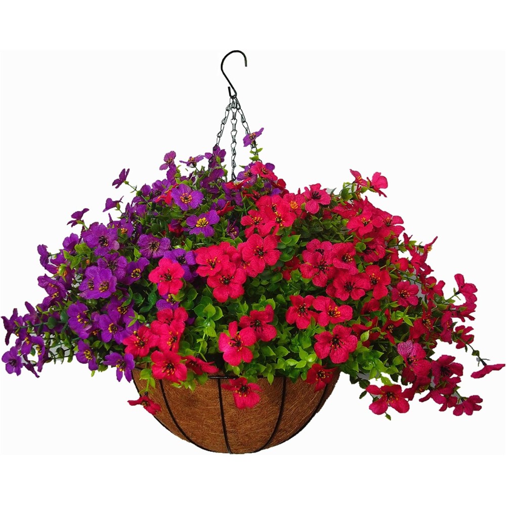 Hynbasea artificial red and purple violet flowers in a 30cm coir-lined hanging basket