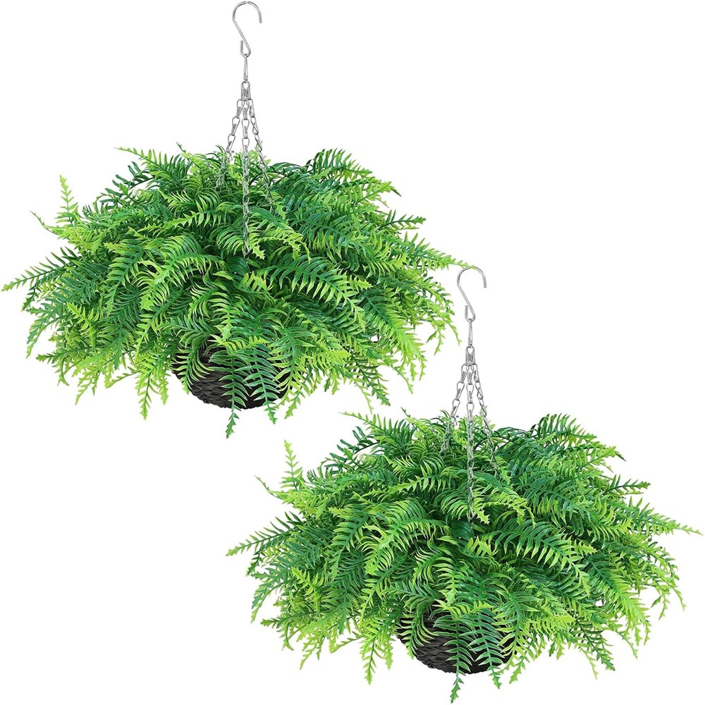 Pair of Juxdp artificial Boston fern hanging baskets with green fronds and metal chains