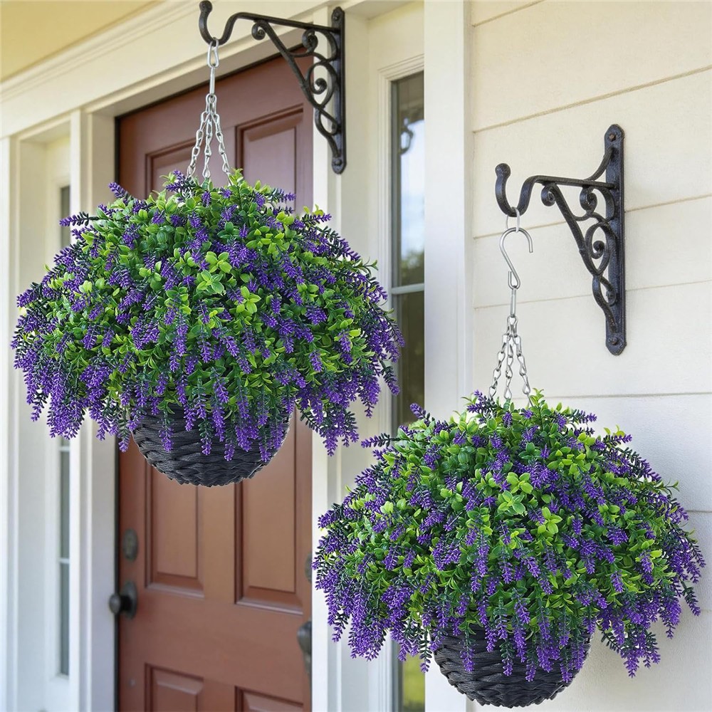 Pair of Juxdp artificial purple lavender and green boxwood hanging baskets