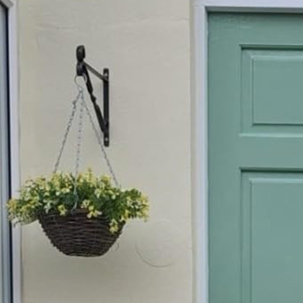 Customer photograph of the yellow and white lobelia basket beside a green front door
