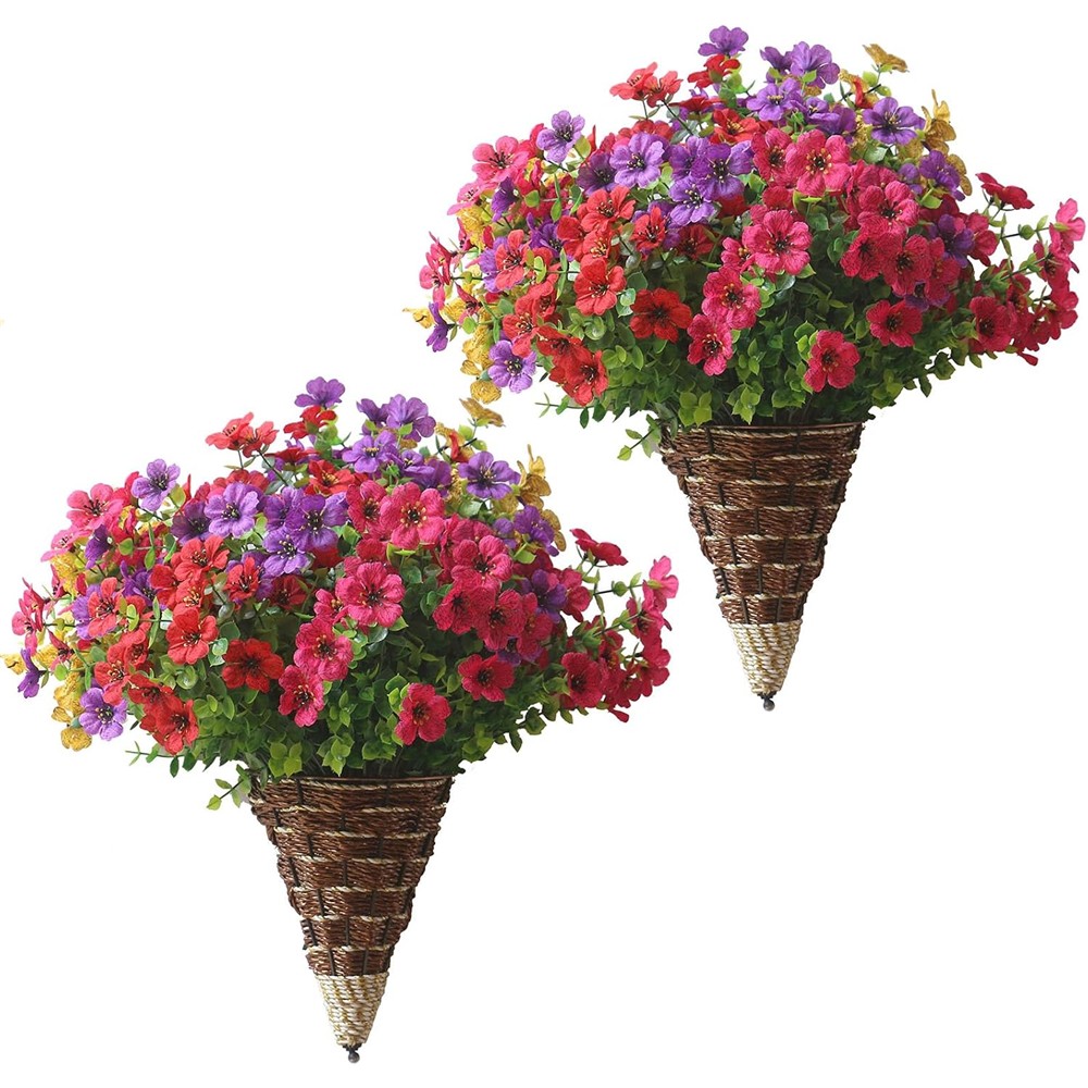Pair of brown cone wall baskets with pink, red, purple and yellow artificial flowers
