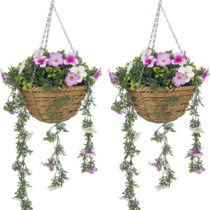 Pretty pink and white hanging baskets with azaleas