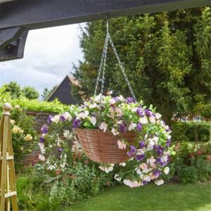 Garden Mile 30cm hanging basket with trailing pink, purple and white artificial petunias