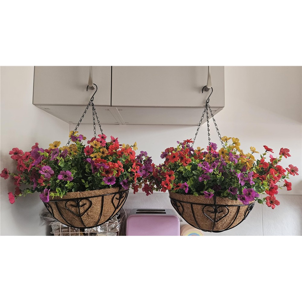 Customer photograph of two multicolour artificial violet baskets with heart-detail metal frames