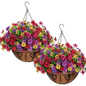 Pair of Weldomcor 30cm hanging baskets with red, pink, purple and yellow artificial flowers
