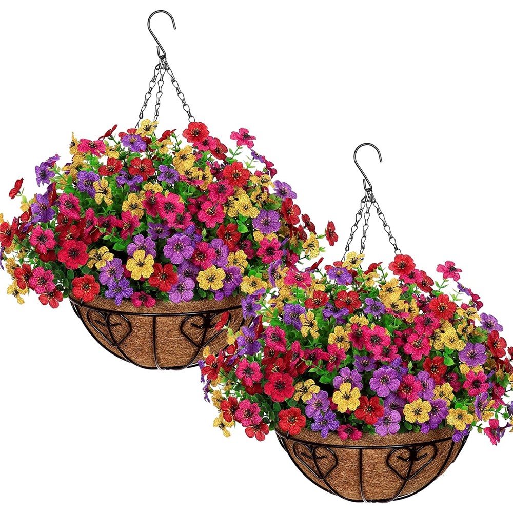 Pair of Weldomcor 30cm hanging baskets with red, pink, purple and yellow artificial flowers