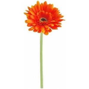 Single bright orange artificial gerbera with a long green stem
