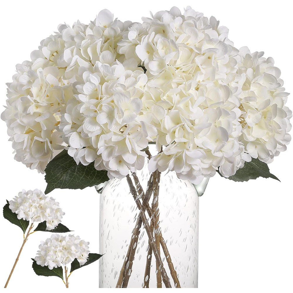 Full white artificial hydrangea heads with green leaves and brown stems