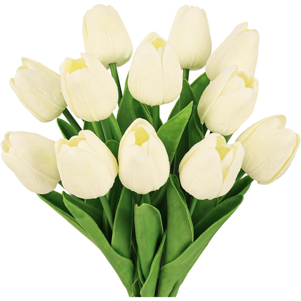 Twelve pale yellow real touch artificial tulips with green leaves