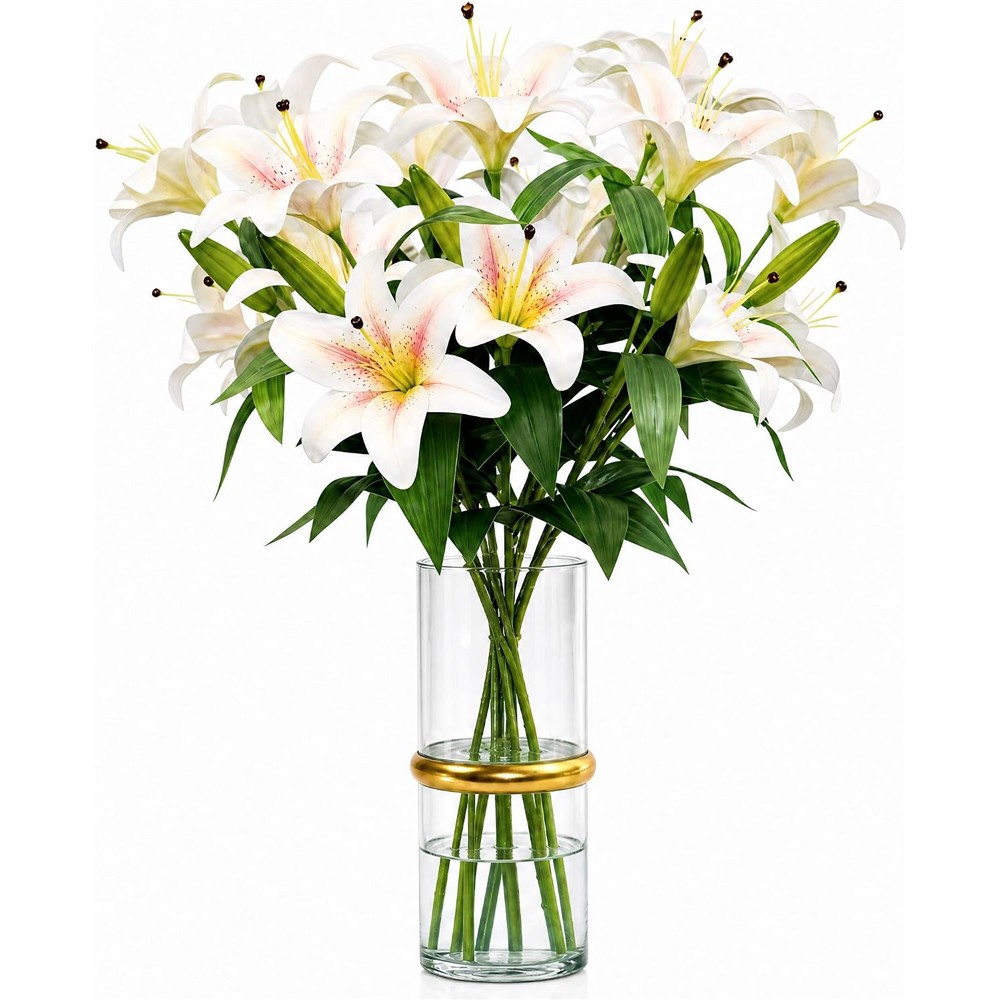 Champagne-white artificial lilies with pink shading, green buds and long stems