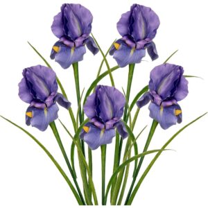 Five purple artificial iris flowers with slender green leaves and yellow centres