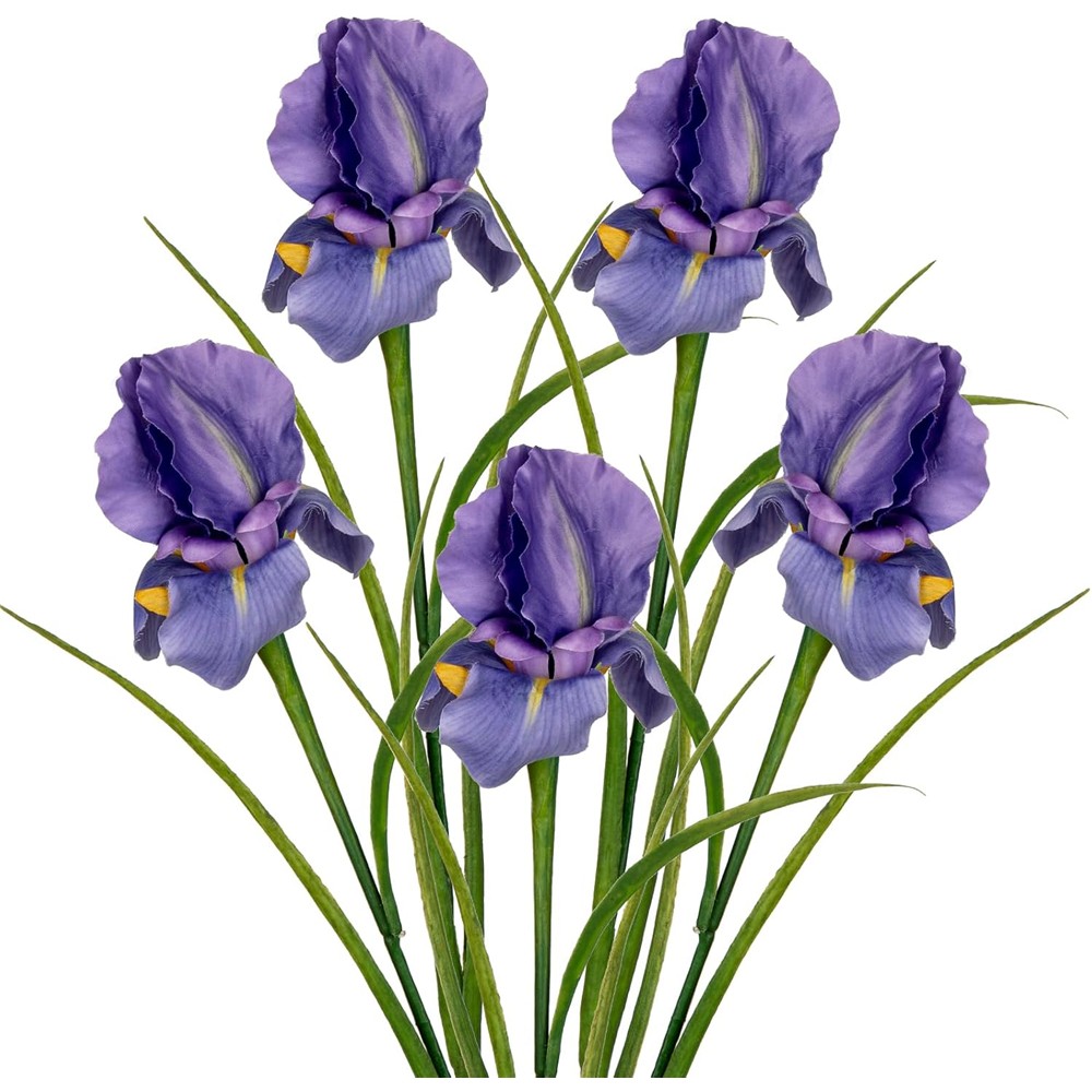Five purple artificial iris flowers with slender green leaves and yellow centres