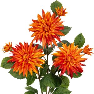 Three large orange artificial dahlias with small buds and veined green leaves
