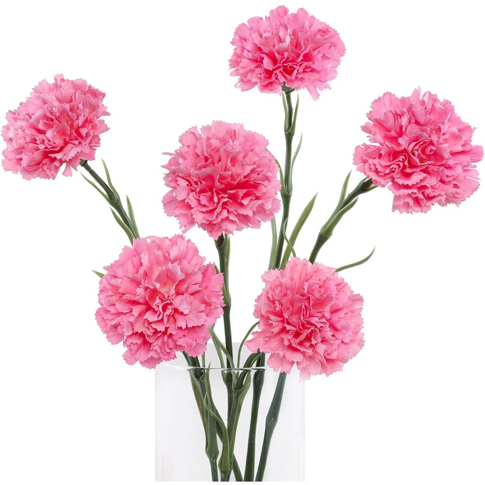 Six ruffled pink artificial carnation flowers shown in a styling vase