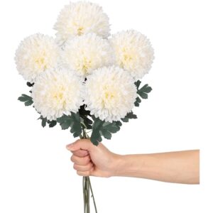 Six white pompom artificial chrysanthemum stems with green leaves