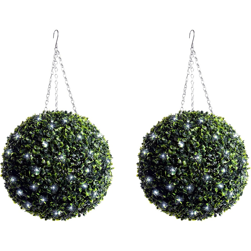 Artificial boxwood topiary balls with white LED lights (pair, 36cm)