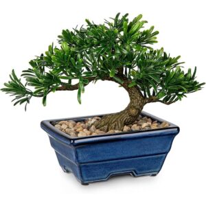 Artificial juniper bonsai in a blue ceramic pot (23cm)