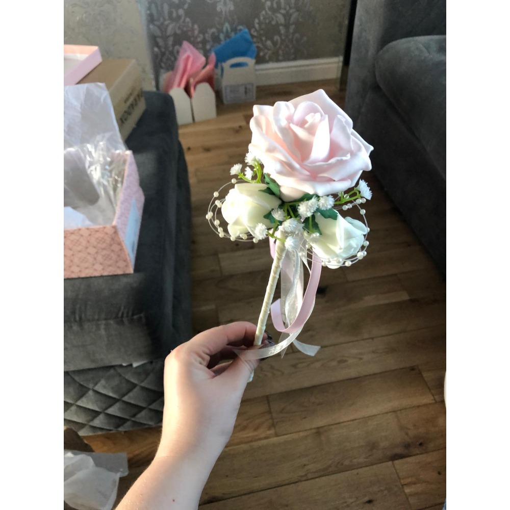 Customer photo: Artificial rose flower-girl wand with pearl loops and trailing ribbons