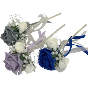 Artificial rose flower-girl wand with pearl loops and trailing ribbons