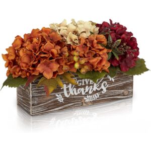 Autumn artificial hydrangea arrangement in a rustic wooden box (29cm)