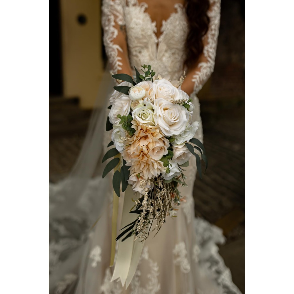 Customer photo: Beige and champagne cascading artificial bridal bouquet