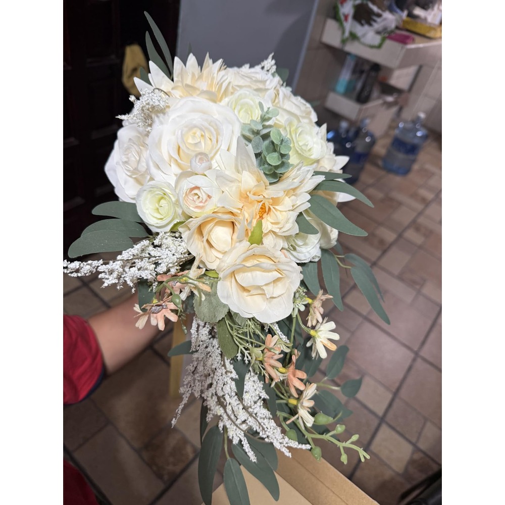 Customer photo: Beige and champagne cascading artificial bridal bouquet