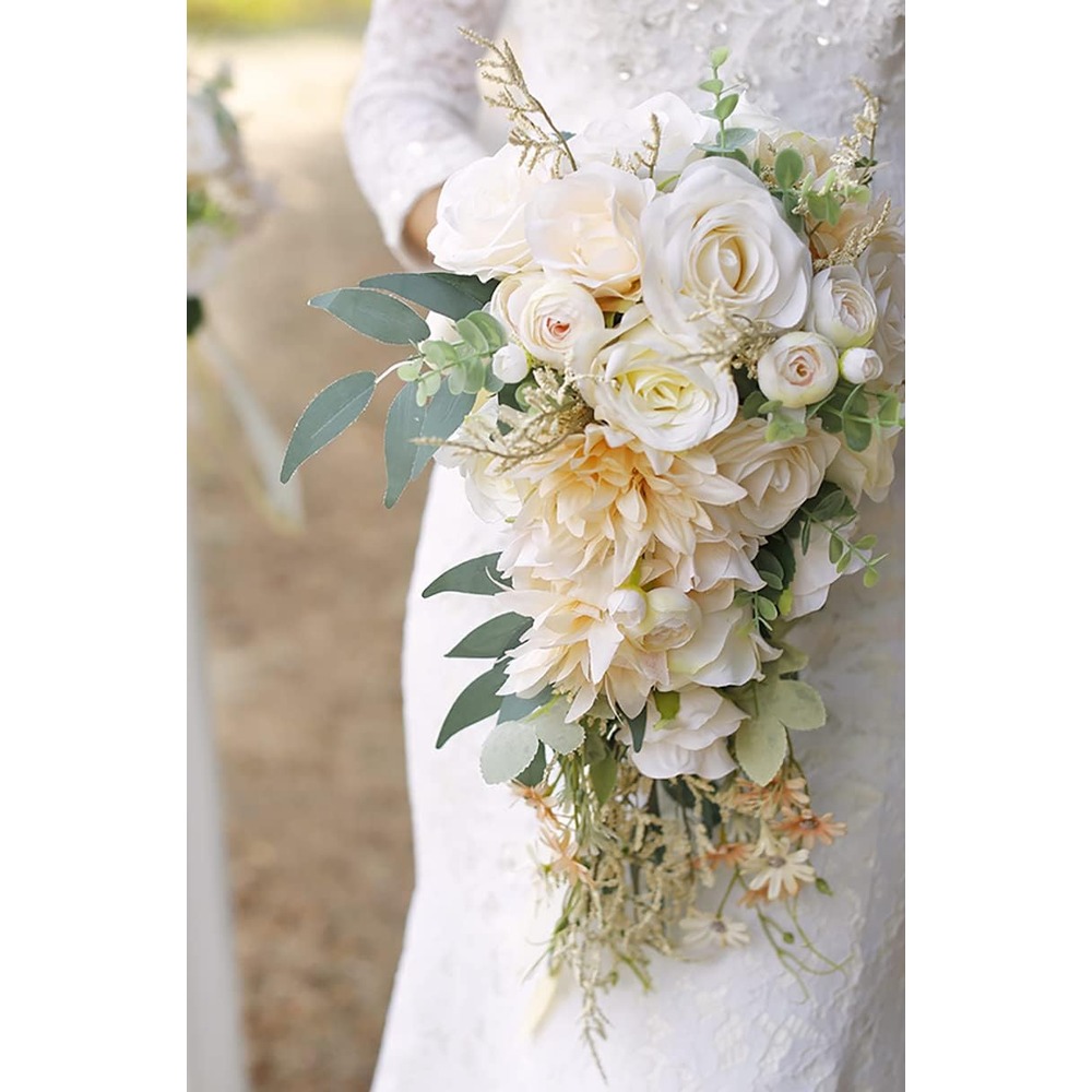 Beige and champagne cascading artificial bridal bouquet