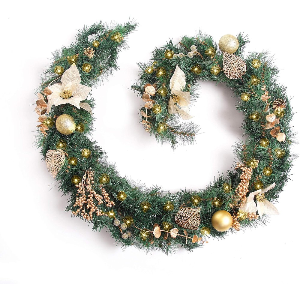 BestArtificial cream and gold Christmas garland with lights (180cm)
