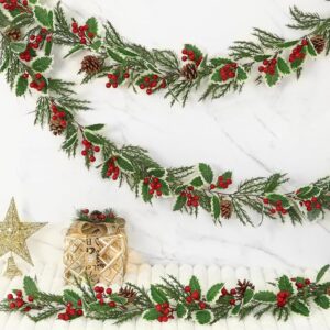 Betylifoy holly and red berry Christmas garland with pine cones